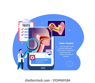 ENT-Doctor Scientist untersucht Ohr, Nase, Throat.Tonsilis, Halsschmerzen, Otitis, Larynx, Sinusitis Digital Treatment.Online Smartphone-Beratung. Medical Internet Diagnostics. ORL Clinic.Vector Illustration