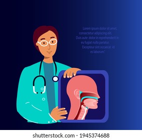ENT-Doctors Scientists Examine Inflamed Nose,Throat.Tonsilis,Sore Throat,Larynx,Sinusitis Digital Treatment. Research Trial.Clinical Investigation. ORL Clinic. Medical Council Diagnostics Illustration