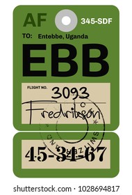 Entebbe airport luggage tag. Realistic looking tag with stamp and information written by hand. Design element for creative professionals.