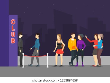 Enter A Club Concept Cartoon Include Of People Crowd And Building Element Flat Design Style. Vector Illustration Of Nightclub