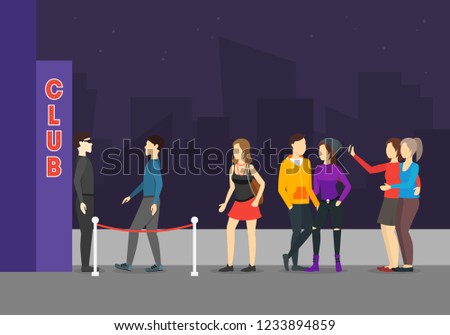 Enter a Club Concept Cartoon Include of People Crowd and Building Element Flat Design Style. Vector illustration of Nightclub