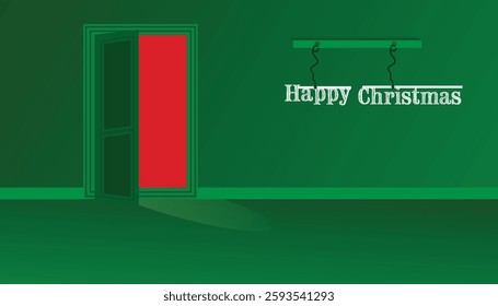 Enter the door, Christmas is here, happy Christmas concept on green wall vector illustration design background
