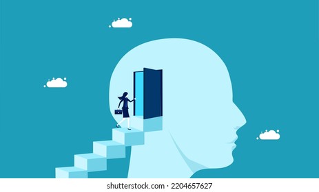 enter the door in the head. Understand the human mind. businesswoman enters the head through the door