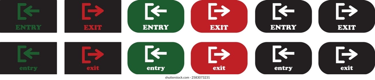 Enter and exit icon set. Entry and out sign black flat and line vector collection isolated on transparent background. Red and green sign with arrow symbol. Login logout register password vip entrance