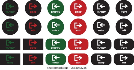 Enter and exit icon set. Entry and out sign black flat and line vector collection isolated on transparent background. Red and green sign with arrow symbol. Login logout register password vip entrance