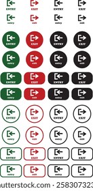 Enter and exit icon set. Entry and out sign black flat and line vector collection isolated on transparent background. Red and green sign with arrow symbol. Login logout register password vip entrance