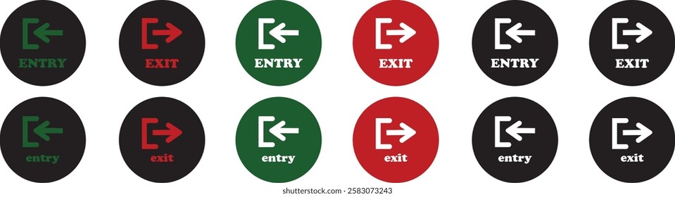 Enter and exit icon set. Entry and out sign black flat and line vector collection isolated on transparent background. Red and green sign with arrow symbol. Login logout register password vip entrance