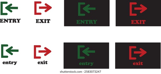 Enter and exit icon set. Entry and out sign black flat and line vector collection isolated on transparent background. Red and green sign with arrow symbol. Login logout register password vip entrance