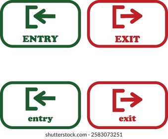 Enter and exit icon set. Entry and out sign black flat and line vector collection isolated on transparent background. Red and green sign with arrow symbol. Login logout register password vip entrance