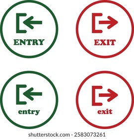 Enter and exit icon set. Entry and out sign black flat and line vector collection isolated on transparent background. Red and green sign with arrow symbol. Login logout register password vip entrance