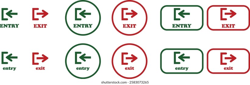 Enter and exit icon set. Entry and out sign black flat and line vector collection isolated on transparent background. Red and green sign with arrow symbol. Login logout register password vip entrance