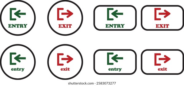 Enter and exit icon set. Entry and out sign black flat and line vector collection isolated on transparent background. Red and green sign with arrow symbol. Login logout register password vip entrance