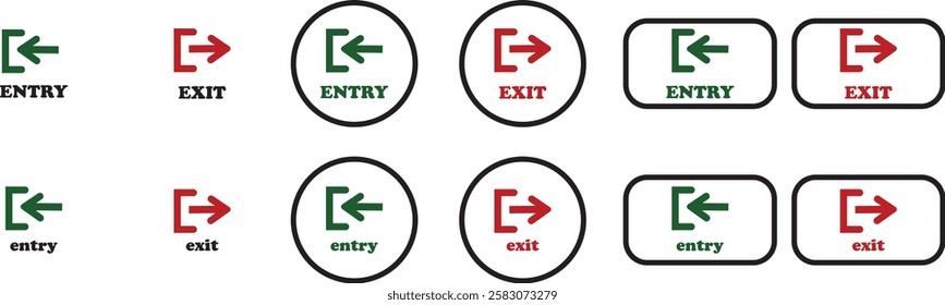 Enter and exit icon set. Entry and out sign black flat and line vector collection isolated on transparent background. Red and green sign with arrow symbol. Login logout register password vip entrance