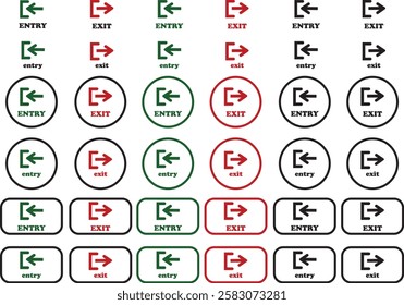 Enter and exit icon set. Entry and out sign black flat and line vector collection isolated on transparent background. Red and green sign with arrow symbol. Login logout register password vip entrance