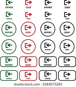 Enter and exit icon set. Entry and out sign black flat and line vector collection isolated on transparent background. Red and green sign with arrow symbol. Login logout register password vip entrance