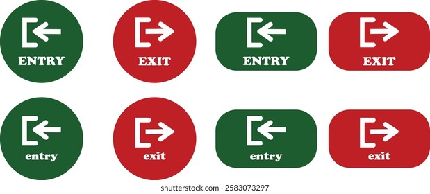 Enter and exit icon set. Entry and out sign black flat and line vector collection isolated on transparent background. Red and green sign with arrow symbol. Login logout register password vip entrance