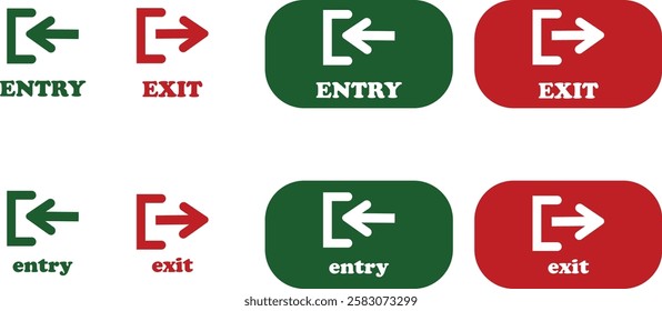 Enter and exit icon set. Entry and out sign black flat and line vector collection isolated on transparent background. Red and green sign with arrow symbol. Login logout register password vip entrance