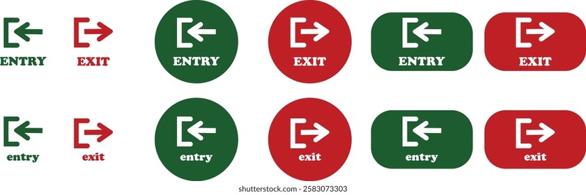 Enter and exit icon set. Entry and out sign black flat and line vector collection isolated on transparent background. Red and green sign with arrow symbol. Login logout register password vip entrance