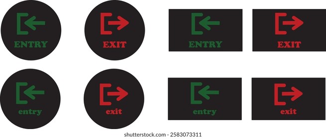 Enter and exit icon set. Entry and out sign black flat and line vector collection isolated on transparent background. Red and green sign with arrow symbol. Login logout register password vip entrance