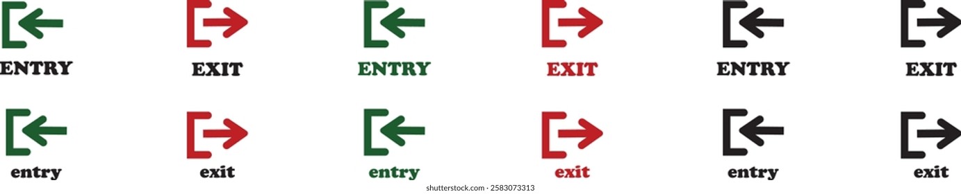 Enter and exit icon set. Entry and out sign black flat and line vector collection isolated on transparent background. Red and green sign with arrow symbol. Login logout register password vip entrance