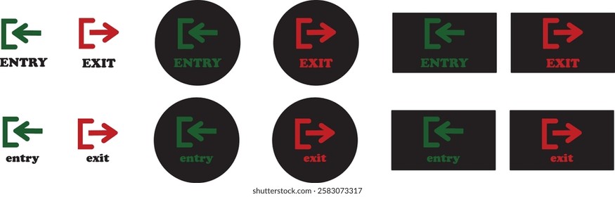 Enter and exit icon set. Entry and out sign black flat and line vector collection isolated on transparent background. Red and green sign with arrow symbol. Login logout register password vip entrance