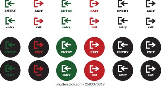 Enter and exit icon set. Entry and out sign black flat and line vector collection isolated on transparent background. Red and green sign with arrow symbol. Login logout register password vip entrance