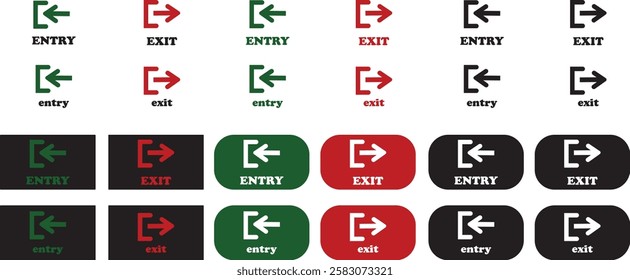 Enter and exit icon set. Entry and out sign black flat and line vector collection isolated on transparent background. Red and green sign with arrow symbol. Login logout register password vip entrance