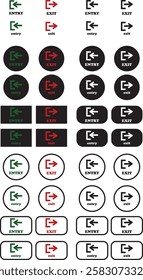 Enter and exit icon set. Entry and out sign black flat and line vector collection isolated on transparent background. Red and green sign with arrow symbol. Login logout register password vip entrance