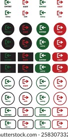 Enter and exit icon set. Entry and out sign black flat and line vector collection isolated on transparent background. Red and green sign with arrow symbol. Login logout register password vip entrance