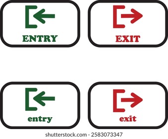 Enter and exit icon set. Entry and out sign black flat and line vector collection isolated on transparent background. Red and green sign with arrow symbol. Login logout register password vip entrance