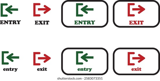 Enter and exit icon set. Entry and out sign black flat and line vector collection isolated on transparent background. Red and green sign with arrow symbol. Login logout register password vip entrance