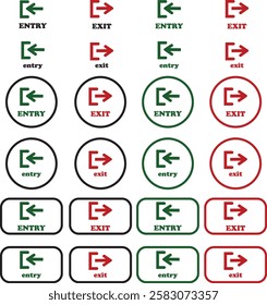 Enter and exit icon set. Entry and out sign black flat and line vector collection isolated on transparent background. Red and green sign with arrow symbol. Login logout register password vip entrance