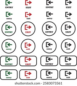 Enter and exit icon set. Entry and out sign black flat and line vector collection isolated on transparent background. Red and green sign with arrow symbol. Login logout register password vip entrance