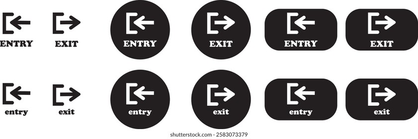 Enter and exit icon set. Entry and out sign black flat and line vector collection isolated on transparent background. Red and green sign with arrow symbol. Login logout register password vip entrance