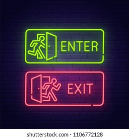 Enter And Exit Neon Sign, Bright Signboard, Light Banner. Enter Symbol. Exit Sign. Vector Illustration