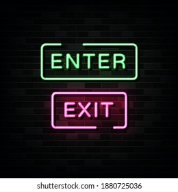 Enter. Exit Neon Signs Vector. Design Template Neon Style