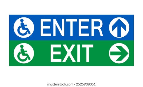 Enter and exit sign for disabled persons. Horizontal strips with symbol, directional arrows and text. Blue and green colors.