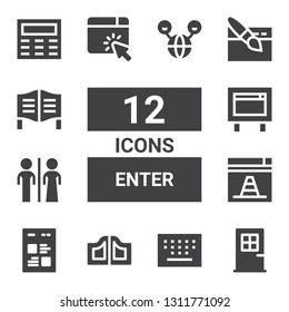 enter icon set. Collection of 12 filled enter icons included Door, Keypad, Doors, Web, Website, Restroom, Internet