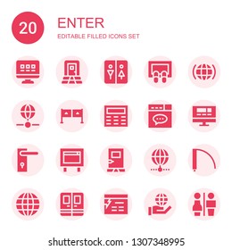 enter icon set. Collection of 20 filled enter icons included Web, Door, Restroom, Doormat, Internet, Entrance, Keypad, Website, Door handle, Restrooms