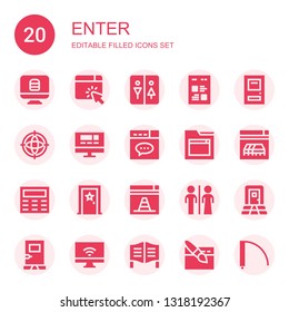 enter icon set. Collection of 20 filled enter icons included Website, Restroom, Web, Door, Internet, Keypad