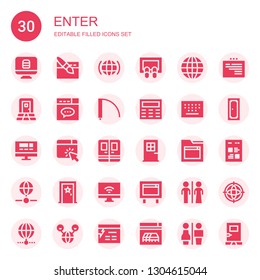 enter icon set. Collection of 30 filled enter icons included Website, Internet, Doormat, Door, Keypad, Restroom, Web, Restrooms