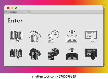 enter icon set. included cloud, test, book, touchscreen icons on white background. linear, filled styles.