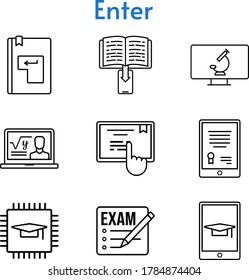 enter icon set. included exam, tablet, professor, chip, e-book, touchscreen, enter, microscope icons. linear styles.