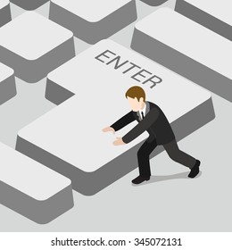 Enter Key Press Flat 3d Isometry Isometric Concept Web Vector Illustration. Businessman Push Return Button On Big Keyboard. Creative People Collection.