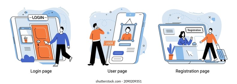 Enter login and password. Registration page on screen. Sign in to your account creative metaphor. Login page. Mobile app with user page. User profile, news, notifications. Identification in internet