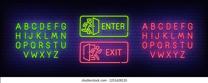 Enter Neon Sign, Exit Neon Sign. Bright Signboard, Light Banner. Neon Text Edit. Design Template. Vector Illustration