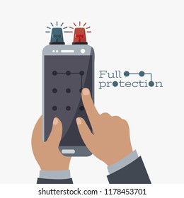 enter pass code screen isolated. creative cellphone alarm touch. hand holding smart phone. flat design siren light police. art full protection cartoon. open, swipe slide mobile security vector concept