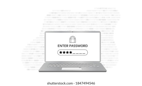 Enter password concept screen with a password box and asterisks on laptop screen. Vector illustration.