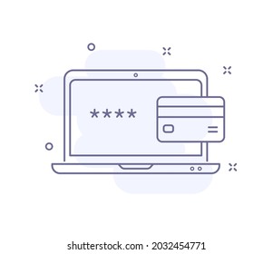 enter password outline vector illustration isolated on white. laptop with credit card purple line icon with light pink background and decorations. for web and ui design, mobile apps and print