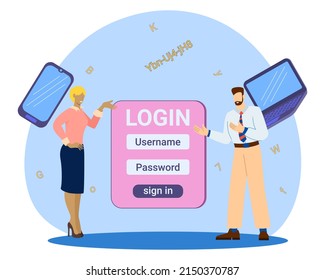 Enter A Personal Email Address.The Concept Of Computer Security.Funny People Are Standing Next To The Login And Password On The Background Of A Smartphone And Laptop.Vector Illustration.